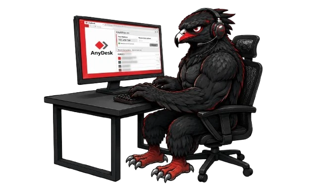 Elite4 hawk mascot at a computer