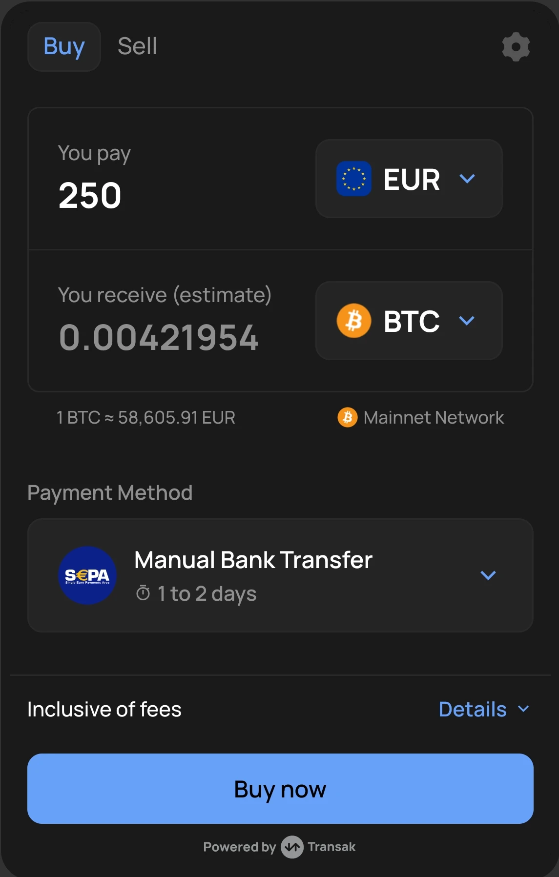 Screenshot of currency selection on Transak