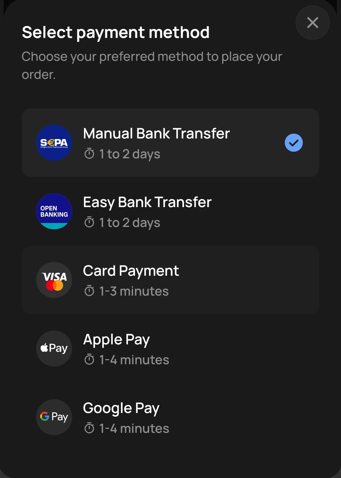 Screenshot of currency selection on Transak
